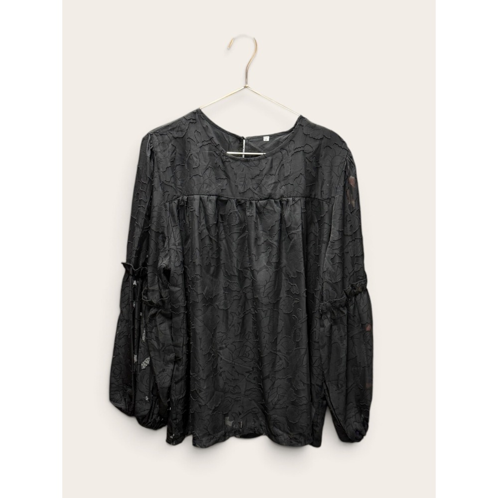 Alishebuy Womens XL Black Floral Lace Long Sleeve Blouse Tiered Puff Sleeve Top